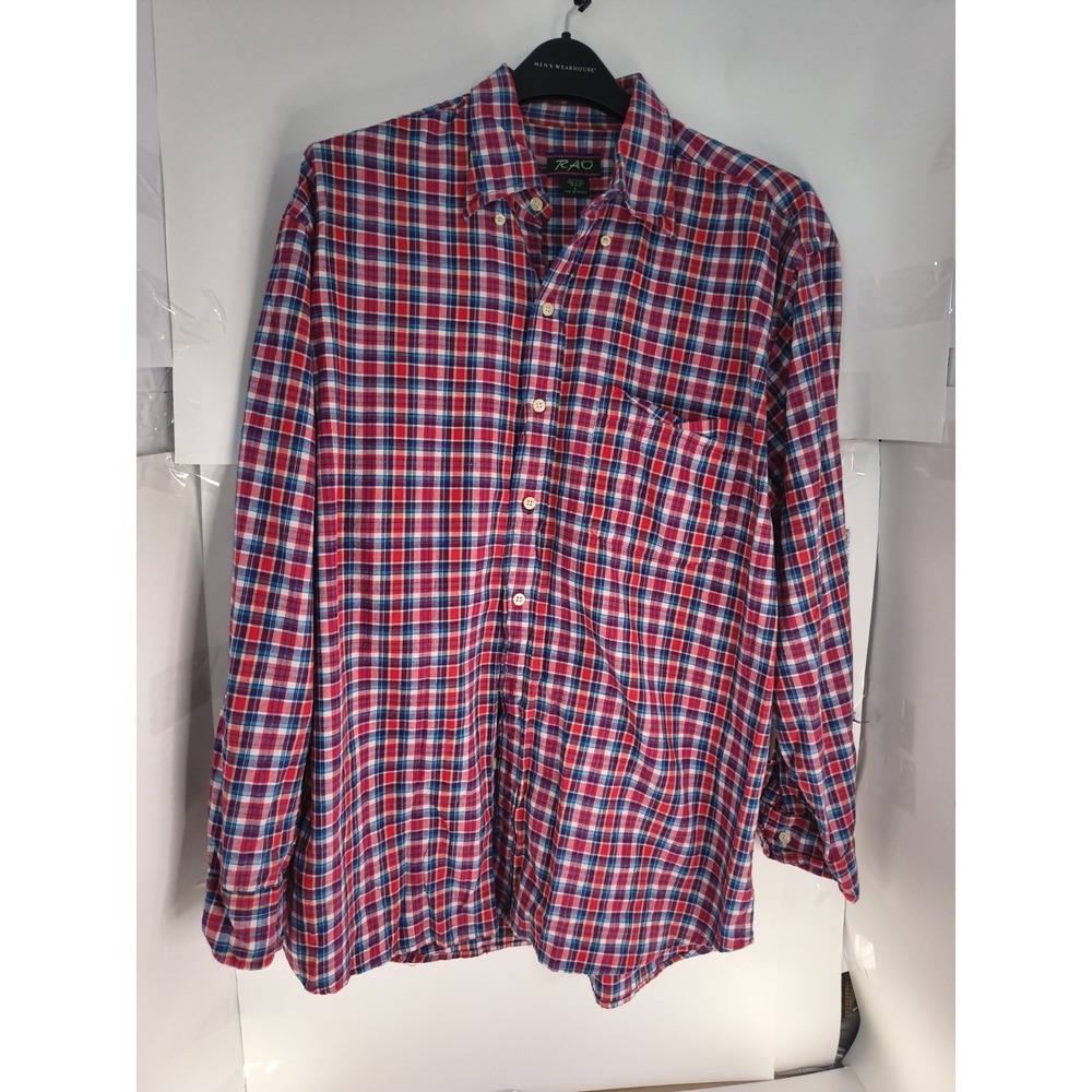 Rao Mens Large Plaid Button Down Shirt Red Blue Cotton Long Sleeve Casual